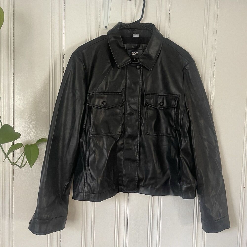 DKNY Donna Karan Women Black Faux Leather Outerwear Moto Biker Jacket Size L